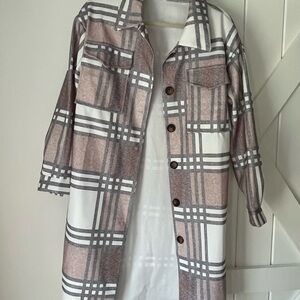 Plaid Longline Trench Coat in Taupe, White & Gray